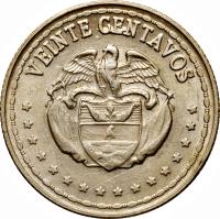 Colombia coin 20 Centavos - Uprising (1960) reverse reverse of 20 Centavos - Uprising (1960) coin with KM# 222 from Colombia. Inscription: VEINTE CENTAVOS