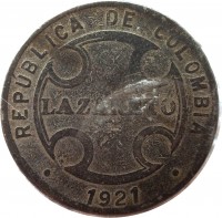 Colombia coin 5 Centavos - Leprosarium Coinage (1921) obverse obverse of 5 Centavos - Leprosarium Coinage (1921) coin with KM# L11 from Colombia. Inscription: REPUBLICA DE COLOMBIA LAZARETO 1921