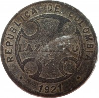 obverse of 5 Centavos - Leprosarium Coinage (1921) coin with KM# L11 from Colombia. Inscription: REPUBLICA DE COLOMBIA LAZARETO 1921