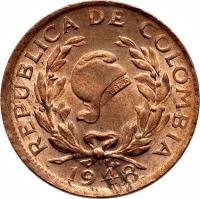 obverse of 2 Centavos (1948 - 1950) coin with KM# 210 from Colombia. Inscription: REPUBLICA DE COLOMBIA 1949