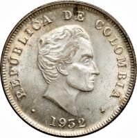 obverse of 50 Centavos (1912 - 1933) coin with KM# 193 from Colombia. Inscription: REPUBLICA DE COLOMBIA