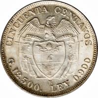 reverse of 50 Centavos (1912 - 1933) coin with KM# 193 from Colombia. Inscription: CINCUENTA CENTAVOS G. 12500. LEY 0.900
