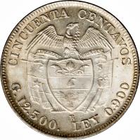 Colombia coin 50 Centavos (1912 - 1933) reverse reverse of 50 Centavos (1912 - 1933) coin with KM# 193 from Colombia. Inscription: CINCUENTA CENTAVOS G. 12500. LEY 0.900
