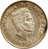 obverse of 20 Centavos (1911 - 1942) coin with KM# 197 from Colombia. Inscription: REPUBLICA DE COLOMBIA .1938.