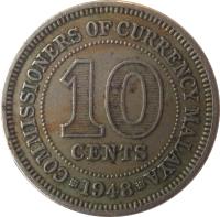 reverse of 10 Cents - George VI (1948 - 1950) coin with KM# 8 from Malaya. Inscription: COMMISSIONERS OF CURRENCY MALAYA 10 CENTS 1948