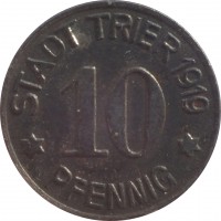 reverse of 10 Pfennig - Trier (Rheinprovinz) (1919) coin with F# 549.6 from Germany. Inscription: STADT TRIER 1919 10 ✶ PFENNIG ✶