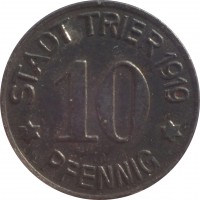 Germany coin 10 Pfennig - Trier (Rheinprovinz) (1919) reverse reverse of 10 Pfennig - Trier (Rheinprovinz) (1919) coin with F# 549.6 from Germany. Inscription: STADT TRIER 1919 10 ✶ PFENNIG ✶
