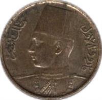obverse of 1/2 Millième - Farouk I (1938) coin with KM# 357 from Egypt. Inscription: فاروق الاول ملك مصر