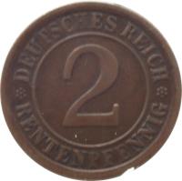 Germany coin 2 Rentenpfennig (1923 - 1924) reverse reverse of 2 Rentenpfennig (1923 - 1924) coin with KM# 31 from Germany. Inscription: DEUTSCHES REICH 2 RENTENPFENNIG