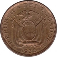 obverse of 1 Centavo (1928) coin with KM# 67 from Ecuador. Inscription: REPUBLICA DEL ECUADOR 1928