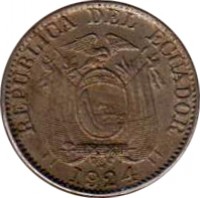 obverse of 5 Centavos (1924) coin with KM# 65 from Ecuador. Inscription: REPUBLICA DEL ECUADOR 1924 H