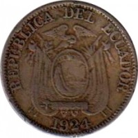 obverse of 10 Centavos (1924) coin with KM# 66 from Ecuador. Inscription: REPUBLICA DEL ECUADOR 1924 H