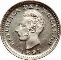 obverse of 1/2 Décimo de Sucre (1893 - 1915) coin with KM# 55 from Ecuador. Inscription: REPUBLICA DEL ECUADOR 1897