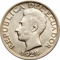 obverse of 2 Sucres (1928 - 1930) coin with KM# 73 from Ecuador. Inscription: REPUBLICA DEL ECUADOR 1928