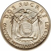 reverse of 2 Sucres (1928 - 1930) coin with KM# 73 from Ecuador. Inscription: DOS SUCRES LEY 0.720 PHILA. U.S.A GRAM.10