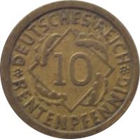 Germany coin 10 Rentenpfennig (1923 - 1925) reverse reverse of 10 Rentenpfennig (1923 - 1925) coin with KM# 33 from Germany. Inscription: DEUTSCHES REICH 10 RENTENPFENNIG