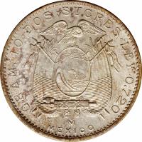 reverse of 2 Sucres (1944) coin with KM# 80 from Ecuador. Inscription: GRAM 10 DOS SUCRES LEY 0.720 MEXICO