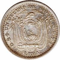 reverse of 1 Décimo (1884 - 1916) coin with KM# 50 from Ecuador. Inscription: G. 2.5 UN DECIMO DE SUCRE 0.9 T.F LIMA