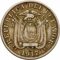 obverse of 5 Centavos (1909 - 1918) coin with KM# 60 from Ecuador. Inscription: REPUBLICA DEL ECUADOR 1918