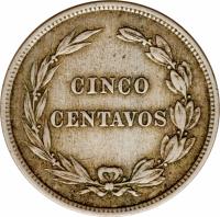 reverse of 5 Centavos (1909 - 1918) coin with KM# 60 from Ecuador. Inscription: CINCO CENTAVOS