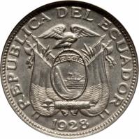 obverse of 2 1/2 Centavos (1928) coin with KM# 68 from Ecuador. Inscription: REPUBLICA DEL ECUADOR 1928