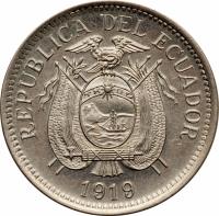 obverse of 10 Centavos (1919) coin with KM# 64 from Ecuador. Inscription: REPUBLICA DEL ECUADOR 1919