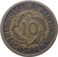 Germany coin 10 Reichspfennig (1924 - 1936) reverse reverse of 10 Reichspfennig (1924 - 1936) coin with KM# 40 from Germany. Inscription: DEUTSCHES REICH 10 REICHSPFENNIG