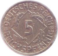 reverse of 5 Reichspfennig (1924 - 1936) coin with KM# 39 from Germany. Inscription: 5 REICHSPFENNIG DEUTSCHES REICH