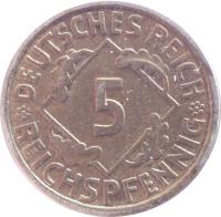 Germany coin 5 Reichspfennig (1924 - 1936) reverse reverse of 5 Reichspfennig (1924 - 1936) coin with KM# 39 from Germany. Inscription: 5 REICHSPFENNIG DEUTSCHES REICH