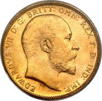 Australia coin 1 Sovereign - Edward VII (1902 - 1910) obverse obverse of 1 Sovereign - Edward VII (1902 - 1910) coin with KM# 15 from Australia. Inscription: EDWARDVS VII D: G: BRITT: OMN: REX F: D: IND: IMP: DeS.