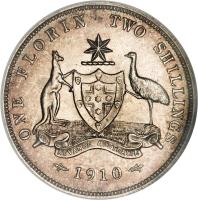 reverse of 1 Florin - Edward VII (1910) coin with KM# 21 from Australia. Inscription: ONE FLORIN - TWO SHILLINGS ADVANCE AUSTRALIA 1910