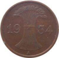 obverse of 1 Reichspfennig (1924 - 1936) coin with KM# 37 from Germany. Inscription: 1931