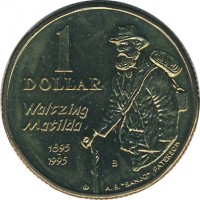 reverse of 1 Dollar - Elizabeth II - Banjo Paterson - 3'rd Portrait (1995) coin with KM# 269 from Australia. Inscription: 1 DOLLAR Waltzing Matilda 1895 1995 A.B.