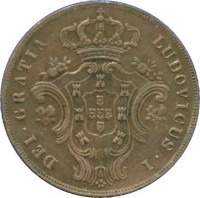 obverse of 10 Réis - Luiz I - Provincial Coinage (1865 - 1866) coin with KM# 14 from Azores. Inscription: LUDOVICUS I DEI GRATIA