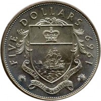 reverse of 5 Dollars - Elizabeth II - 2'nd Portrait (1966 - 1970) coin with KM# 10 from Bahamas. Inscription: FIVE DOLLARS 1969 EXPULSIS PIRATIS RESTITUTA COMMERCIA