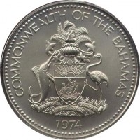 Bahamas coin 2 Dollars - Elizabeth II (1974 - 1980) obverse obverse of 2 Dollars - Elizabeth II (1974 - 1980) coin with KM# 66 from Bahamas. Inscription: COMMONWEALTH OF THE BAHAMAS FORWARD TOGETHER UPWARD ONWARD 1974
