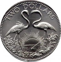 Bahamas coin 2 Dollars - Elizabeth II (1974 - 1980) reverse reverse of 2 Dollars - Elizabeth II (1974 - 1980) coin with KM# 66 from Bahamas. Inscription: TWO DOLLARS FM