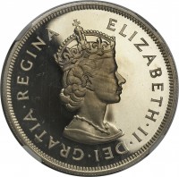 obverse of 1 Crown - Elizabeth II - Colony Founding - 1'st Portrait (1959) coin with KM# 13 from Bermuda. Inscription: ELIZABETH II.DEI.GRATIA.REGINA