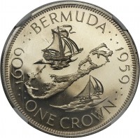 reverse of 1 Crown - Elizabeth II - Colony Founding - 1'st Portrait (1959) coin with KM# 13 from Bermuda. Inscription: 1609.:. BERMUDA.:. 1959 ONE CROWN