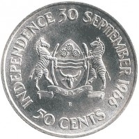 reverse of 50 Cents - Independence (1966) coin with KM# 1 from Botswana. Inscription: INDEPENDENCE 30 SEPTEMBER 1966 PULA B 50 CENTS