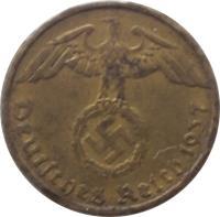 obverse of 5 Reichspfennig (1936 - 1939) coin with KM# 91 from Germany. Inscription: Deutsches Reich 1938