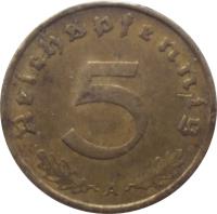 reverse of 5 Reichspfennig (1936 - 1939) coin with KM# 91 from Germany. Inscription: Reichspfennig 5 A