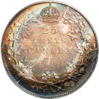 Canada coin 25 Cents - George V - Without DEI GRATIA (1911) reverse reverse of 25 Cents - George V - Without DEI GRATIA (1911) coin with KM# 18 from Canada. Inscription: 25 CENTS CANADA 1911