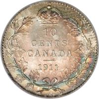 Canada coin 10 Cents - George V - Without DEI GRATIA (1911) reverse reverse of 10 Cents - George V - Without DEI GRATIA (1911) coin with KM# 17 from Canada. Inscription: 10 CENTS CANADA 1911