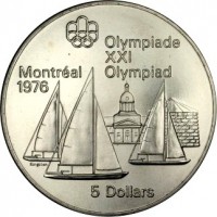 reverse of 5 Dollars - Elizabeth II - Kingston and Sailboats (1973) coin with KM# 84 from Canada. Inscription: Olympiade XXI Montréal Olympiad 1976 5 Dollars