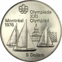 Canada coin 5 Dollars - Elizabeth II - Kingston and Sailboats (1973) reverse reverse of 5 Dollars - Elizabeth II - Kingston and Sailboats (1973) coin with KM# 84 from Canada. Inscription: Olympiade XXI Montréal Olympiad 1976 5 Dollars