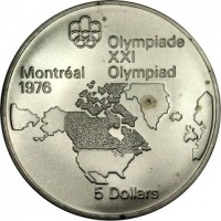 reverse of 5 Dollars - Elizabeth II - Map of North America (1973) coin with KM# 85 from Canada. Inscription: Olympiade XXI Montréal Olympiad 1976 5 Dollars