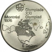 Canada coin 5 Dollars - Elizabeth II - Map of North America (1973) reverse reverse of 5 Dollars - Elizabeth II - Map of North America (1973) coin with KM# 85 from Canada. Inscription: Olympiade XXI Montréal Olympiad 1976 5 Dollars