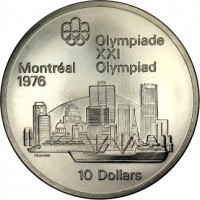 reverse of 10 Dollars - Elizabeth II - Montreal Skyline (1973) coin with KM# 87 from Canada. Inscription: Olympiade XXI Montréal Olympiad 1976 10 Dollars