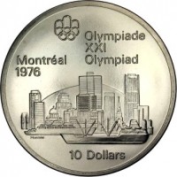 Canada coin 10 Dollars - Elizabeth II - Montreal Skyline (1973) reverse reverse of 10 Dollars - Elizabeth II - Montreal Skyline (1973) coin with KM# 87 from Canada. Inscription: Olympiade XXI Montréal Olympiad 1976 10 Dollars